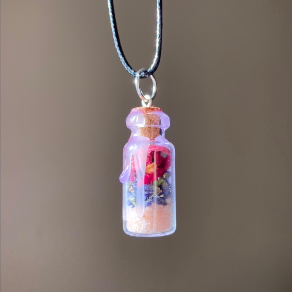 Peace and love spell jar black cord choker necklace